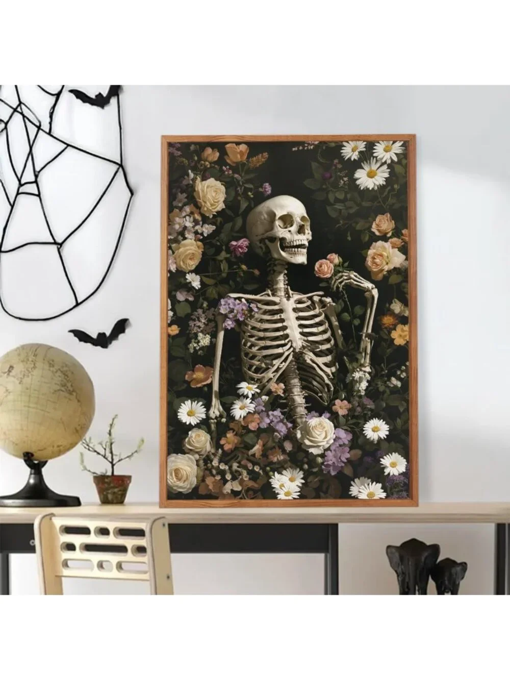 Large 16x24 Halloween Skeleton Canvas Art - Vintage Skull & Floral Wall Decor